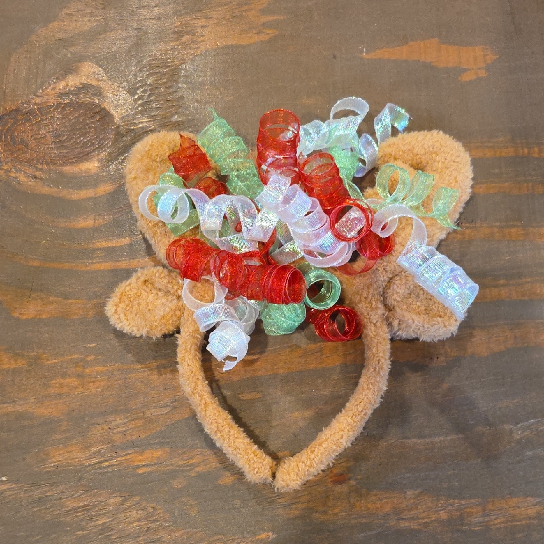 Plush Bear Ear Headband With Red, Green & White Curled Ribbon Accents